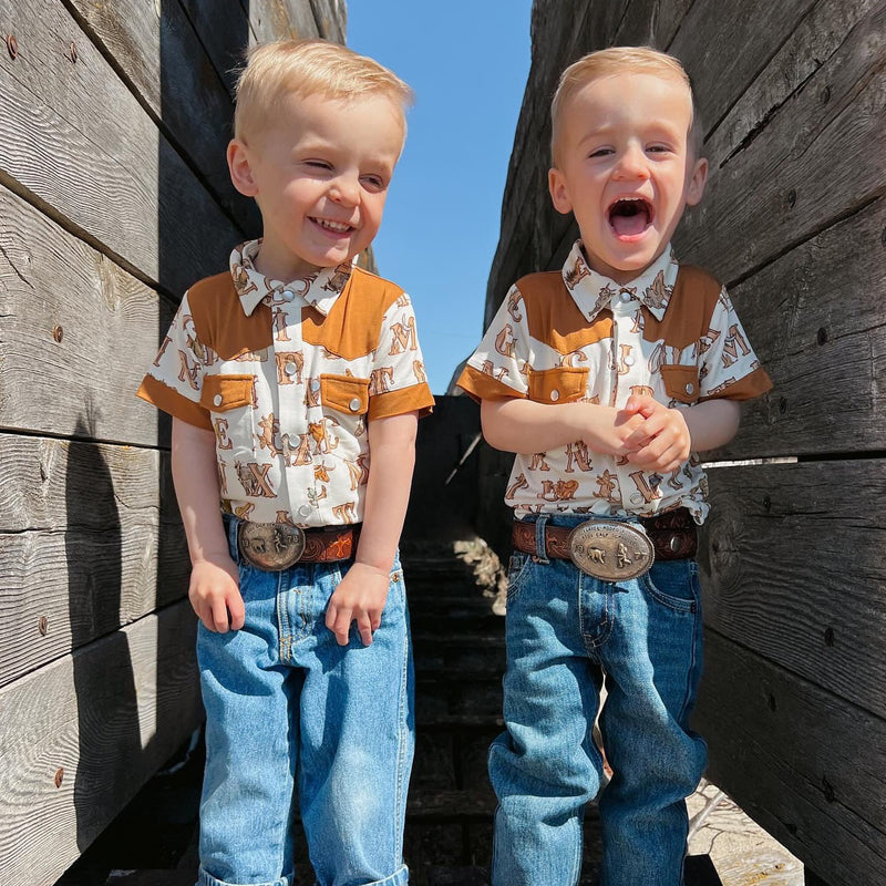 Western Alphabets Pearl Snap Collared Shirts