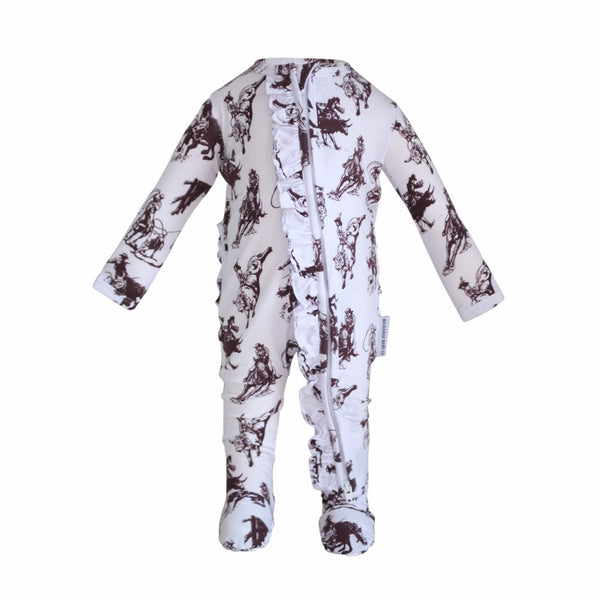Rodeo Toile Ruffled Footie Zipper One Piece